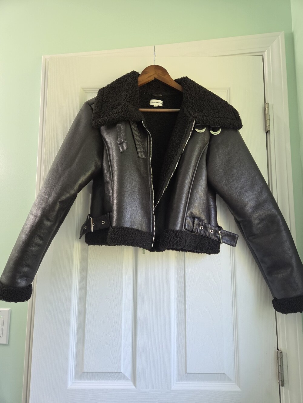 superdown Cropped Faux Leather Shearling Aviator Biker Jacket Black Size L